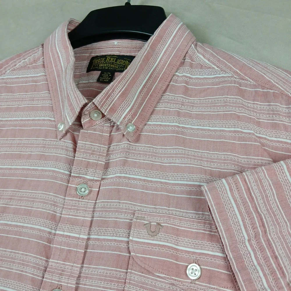 True Religion XL Mens Shirt Button Down Short Sleeve Pink 23x26 **Fits A Large *